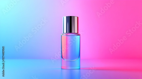 Glass Bottle with Silver Cap on Pink and Blue Background - 3D Illustration