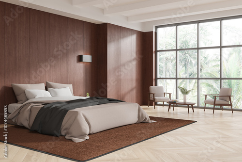 Cozy modern bedroom with large windows, brown accents, and minimalist furniture on wooden floor. Concept of contemporary home design. 3D Rendering