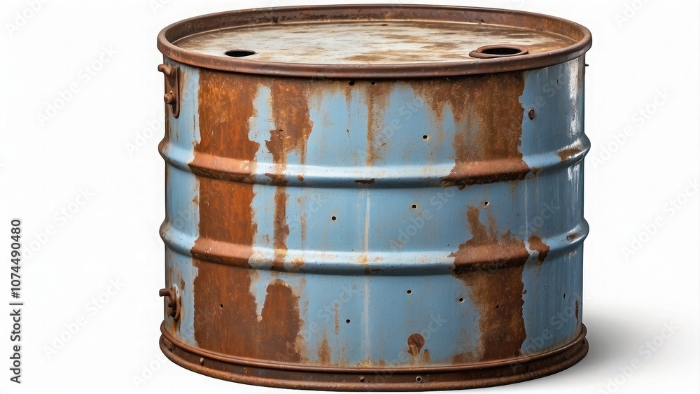 An isolated image of an old, rusty, blue steel oil barrel on a white or transparent background An isolated image of an old, rusty, blue steel oil barrel on a white or transparent background