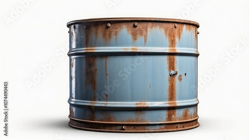 An isolated image of an old, rusty, blue steel oil barrel on a white or transparent background