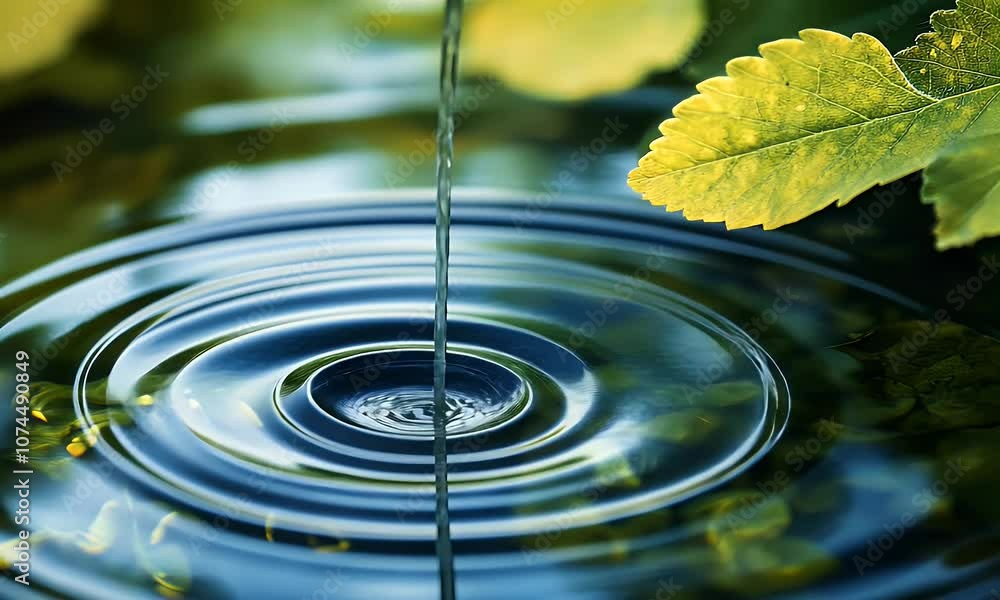 A close-up of a water droplet creating ripples on a serene surface, surrounded by green leaves. A close-up of a water droplet creating ripples on a serene surface, surrounded by green leaves.