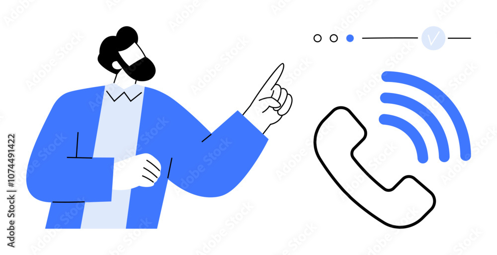 Business professional pointing towards communication icon with phone symbol and signal waves. Ideal for corporate communication, client interaction, call centers, phone support, customer service Business professional pointing towards communication icon with phone symbol and signal waves. Ideal for corporate communication, client interaction, call centers, phone support, customer service