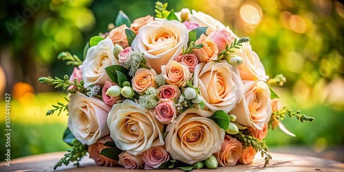 Exquisite Bridal Bouquet of Peach-Colored Flowers in a Lush, Round Arrangement, Perfect for Weddings and Floral Decor, Capturing Elegance and Romance in Portrait Photography