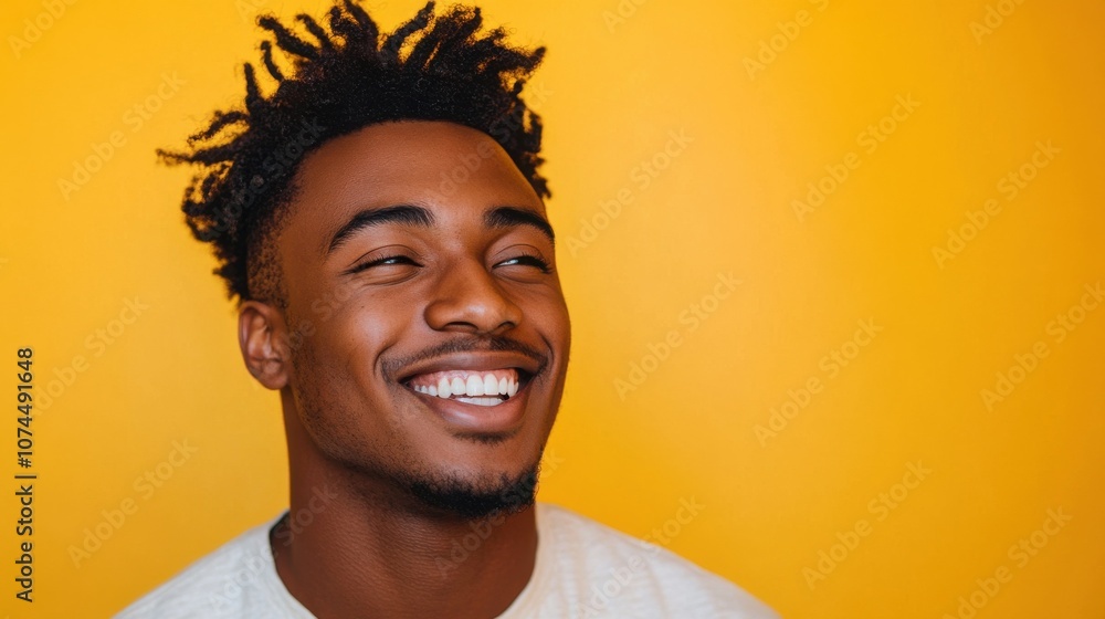 Happy Young Adult African American Man Smiling Against Yellow Background Happy Young Adult African American Man Smiling Against Yellow Background