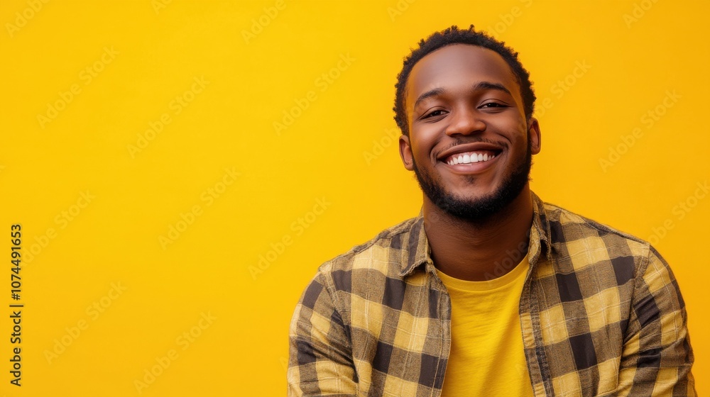 Happy Young Adult African American Man Smiling Against Yellow Background Happy Young Adult African American Man Smiling Against Yellow Background