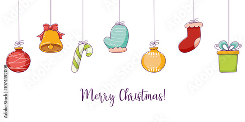Merry Christmas, a festive backdrop with Christmas tree decorations and doodle style trinkets.