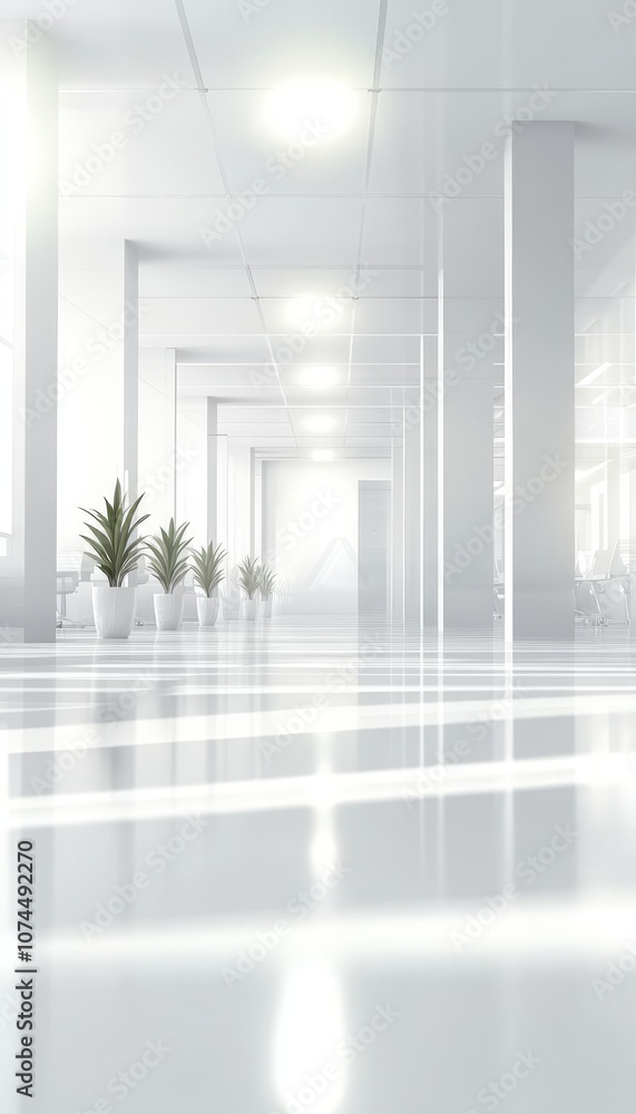 Fototapeta premium Modern Minimalist White Empty Office Hallway Interior Design, Blurred Perspective View
