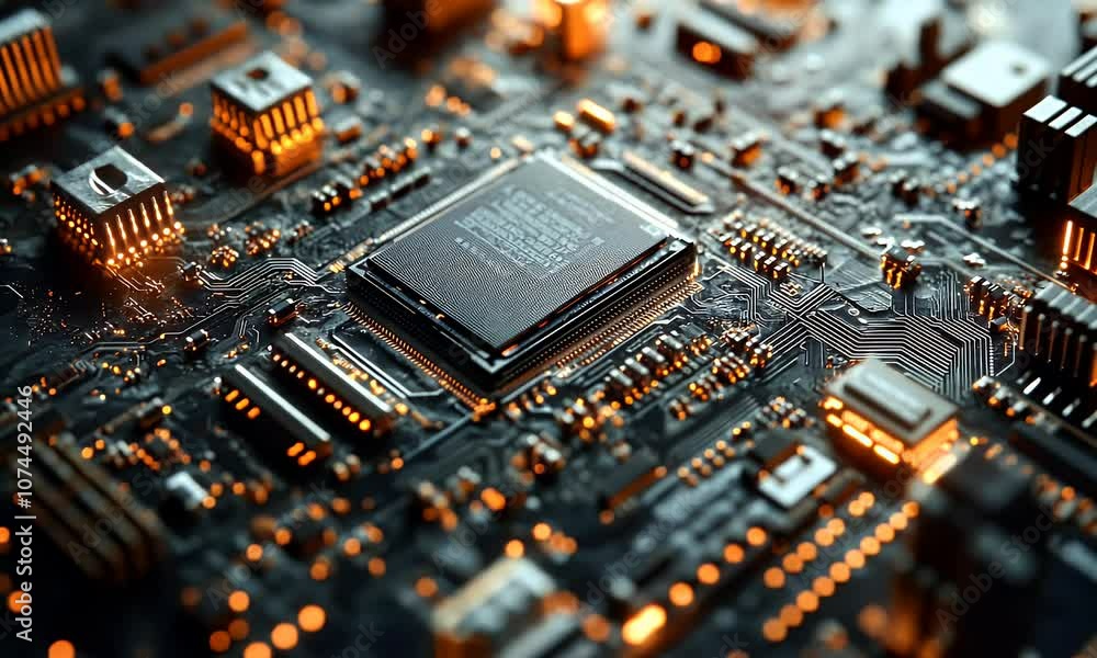 A close-up view of a circuit board with intricate details and glowing components. A close-up view of a circuit board with intricate details and glowing components.