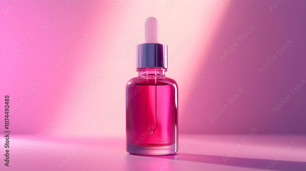 Pink Glass Dropper Bottle with Liquid on Pink Background - 3D Illustration Pink Glass Dropper Bottle with Liquid on Pink Background - 3D Illustration