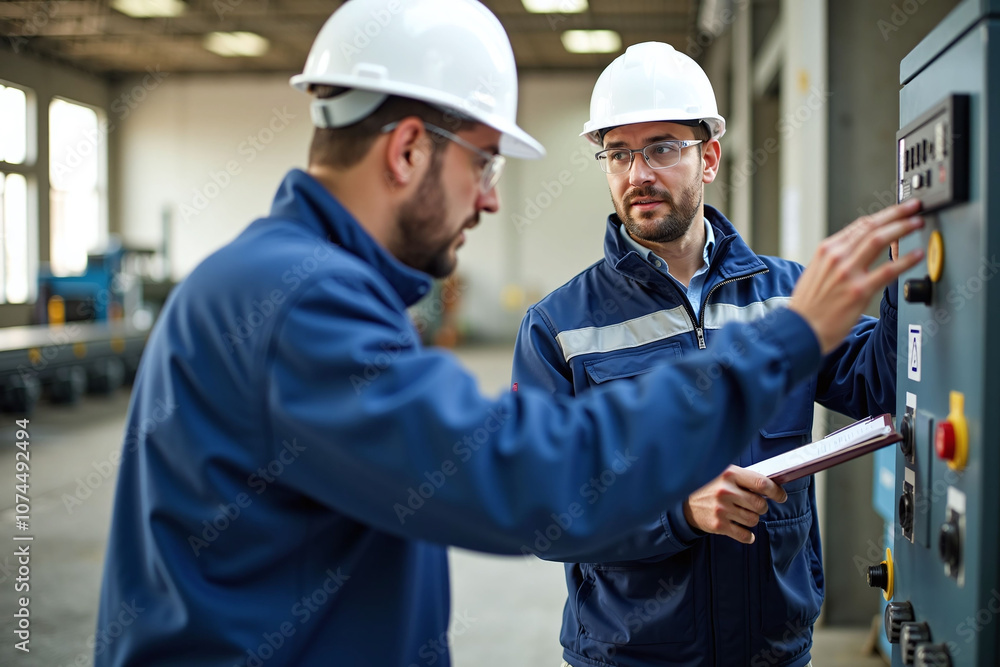 Two construction workers in industrial setting scene, people-industrious and atmosphere-professional Two construction workers in industrial setting scene, people-industrious and atmosphere-professional