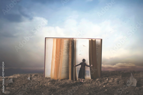 surreal person enters a surreal book that merges with the sky behind