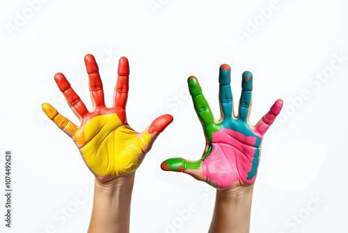Two hands with colorful paint against white background scene, hands-creative and paint-vibrant