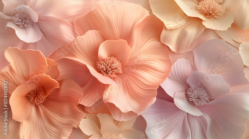 A cluster of delicate paper flowers in soft peach and pink hues fills the frame.
