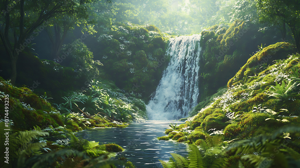 A serene scene of a secret waterfall tucked away in a remote valley, with vibrant moss and ferns framing the natural beauty A serene scene of a secret waterfall tucked away in a remote valley, with vibrant moss and ferns framing the natural beauty