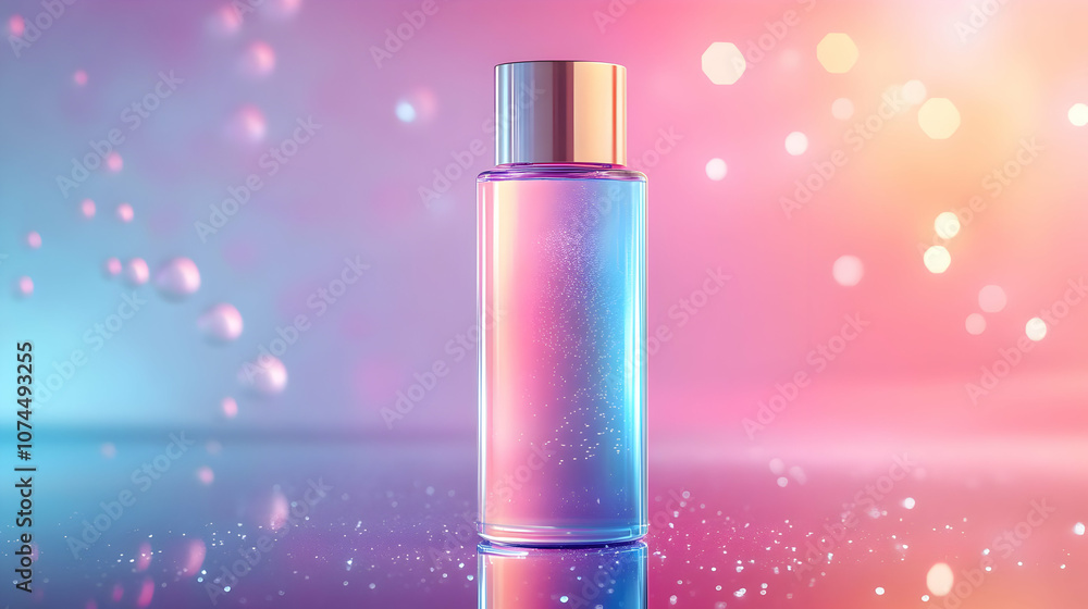 Glass Bottle with Liquid on a Pink and Blue Background 3D Illustration Glass Bottle with Liquid on a Pink and Blue Background 3D Illustration