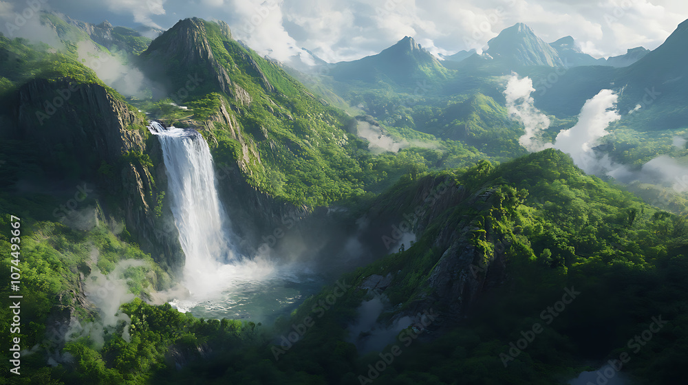 An aerial view of a secret waterfall nestled in a mountainous area, showcasing its remote location and natural surroundings An aerial view of a secret waterfall nestled in a mountainous area, showcasing its remote location and natural surroundings
