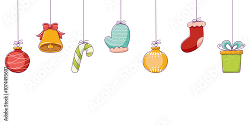 Christmas background with free space for text. Doodle Christmas tree decorations, toys and trinkets.
