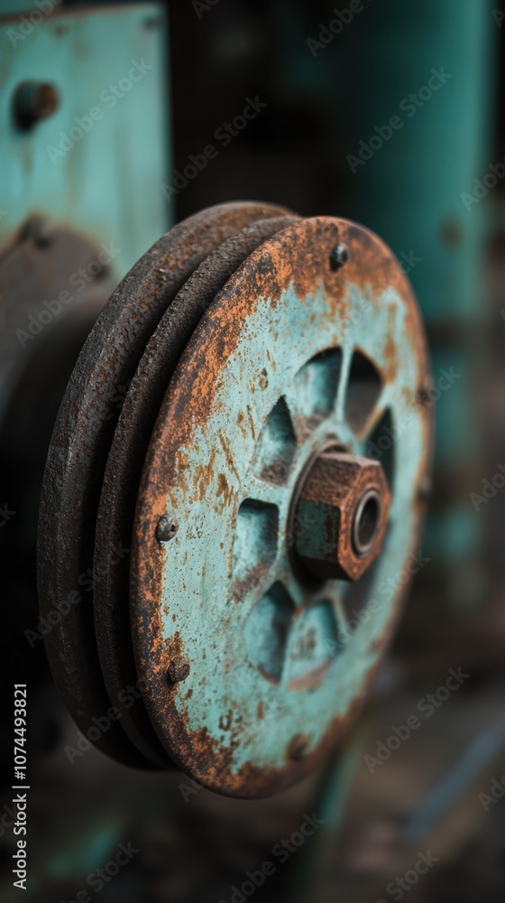Close-up of a rusty industrial pulley with weathered blue paint against a blurred background. Close-up of a rusty industrial pulley with weathered blue paint against a blurred background.