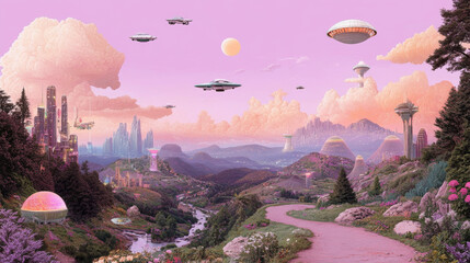 Papier peint photo Pourpre Futuristic landscape with flying saucers and fantasy city under a pink sky  © Kepler