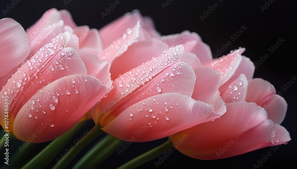 Close-up of fresh pink tulips with dew droplets on petals against a dark background. Close-up of fresh pink tulips with dew droplets on petals against a dark background.