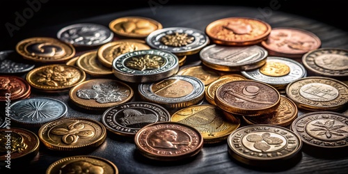 Flat Lay Product Photography of Coins Symbolizing Money for Payment Arrangements on a Black Background for Financial Concepts and Budget Planning