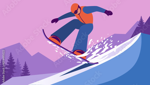 Minimalist flat illustration of a male speeding down the mountain on a snowboard performing an extreme trick for background, postcard or banner.