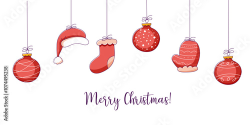 Christmas banner or background with space for text and Christmas tree doodle toys, trinkets decorations