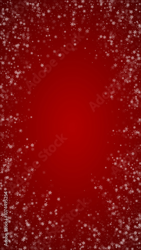 Snowfall overlay christmas background. Subtle flying snow flakes and stars on christmas red background. Festive snowfall overlay. Vertical vector illustration.