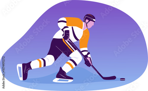 Vibrant flat illustration of a hockey player in uniform with a stick on ice hitting a puck at speed.