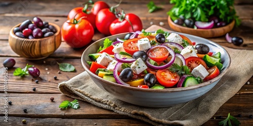 Fresh Greek Farmers Salad in a Bowl with Colorful Vegetables and Feta Cheese, Placed on a Rustic Wooden Table with a Soft Light Background and Copy Space for Text