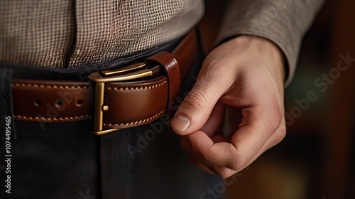 Hand displaying a luxury leather belt, fingers holding the buckle to showcase the craftsmanship.