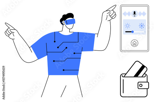 Man wearing a VR headset points at icons on interactive screen controlling lights and temperature. Wallet with credit cards nearby. Ideal for smart home technology, ARVR, fintech, innovation, app