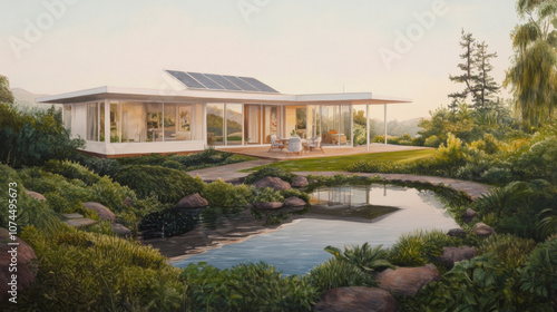 Modern sustainable home with solar panels and serene garden landscape