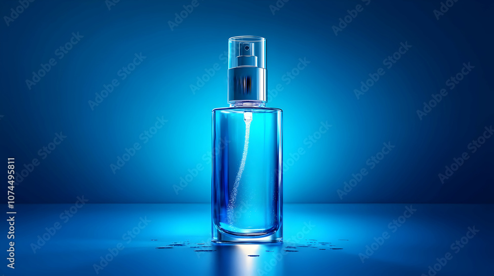 Blue Glass Spray Bottle with Droplets on Blue Background - Realistic 3D Render Blue Glass Spray Bottle with Droplets on Blue Background - Realistic 3D Render