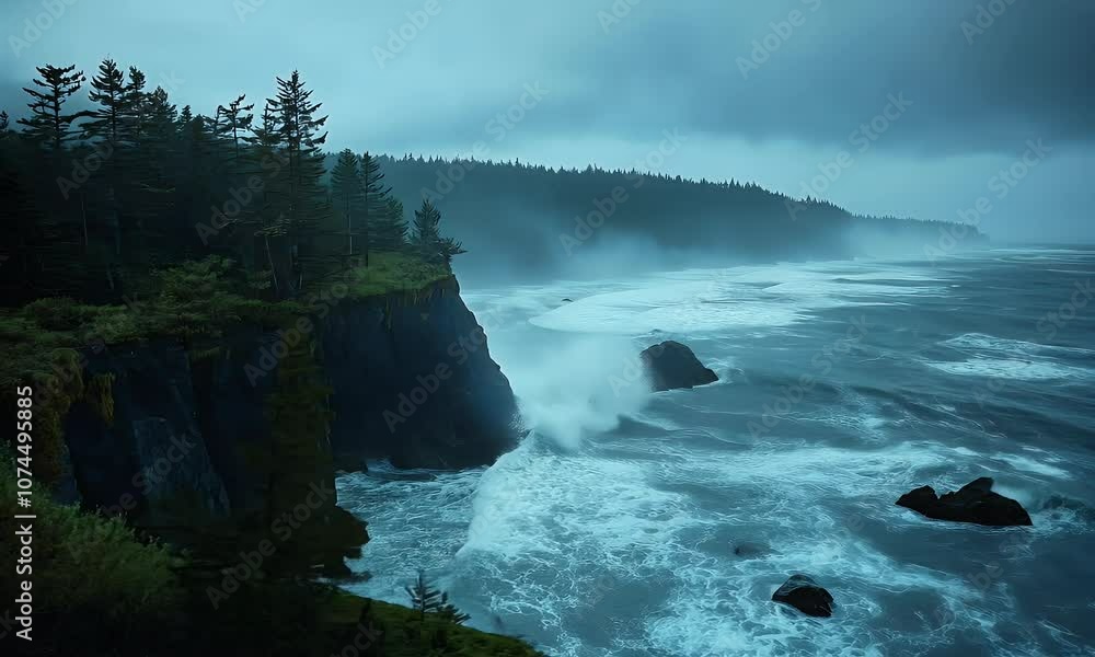 A moody coastal landscape with cliffs, trees, and turbulent ocean waves under a cloudy sky. A moody coastal landscape with cliffs, trees, and turbulent ocean waves under a cloudy sky.
