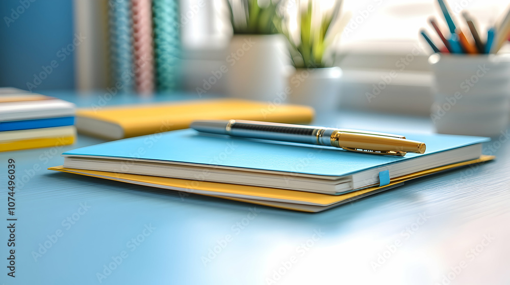 A blue notebook with a pen on top of it, sitting on a blue table, with other notebooks and a pot of pencils in the background. A blue notebook with a pen on top of it, sitting on a blue table, with other notebooks and a pot of pencils in the background.