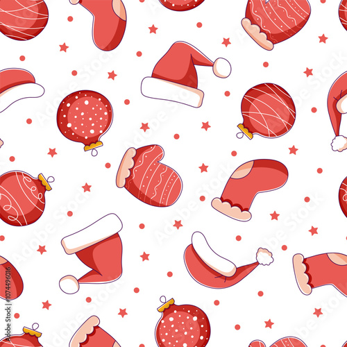 Seamless Christmas pattern with doodle Christmas tree trinkets, decorations. Concept of congratulations, gift wrapping, web banner