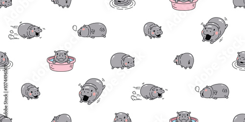 Baby Hippo seamless pattern pygmy hippo icon vector smiling hippopotamuses running swimming zoo sleeping pet animal cartoon character doodle tile background gift wrapping paper repeat wallpaper scarf 