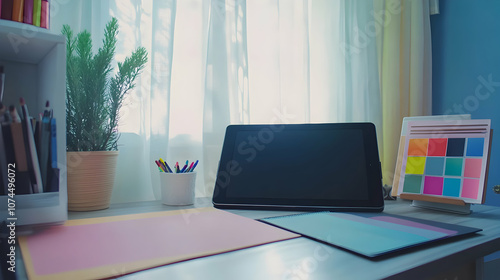 A clean and organized home office workspace with a tablet, color swatches, a plant, and stationery.