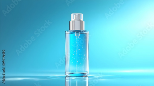 Glass Bottle of Blue Liquid with Silver Sprayer 3D Illustration