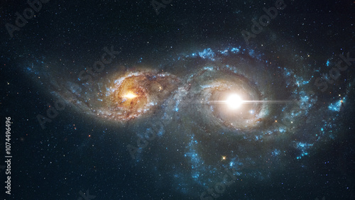 Fototapeta Naklejka Na Ścianę i Meble -  Two galaxies are merging together. Amazing Space galaxy, blue starry background. View from space to a spiral galaxy and stars. Universe filled with stars, nebula and galaxy