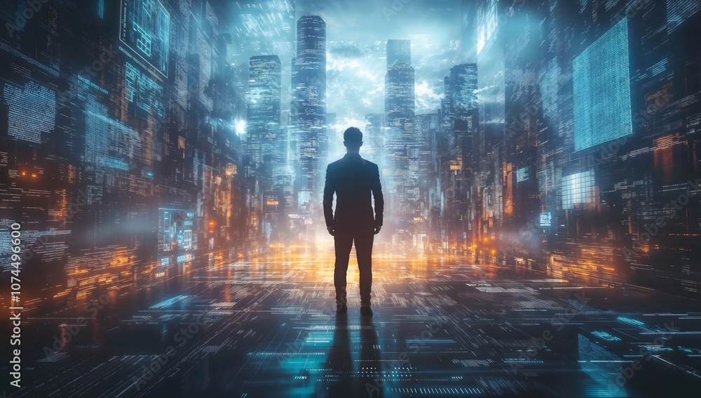 Futuristic Cityscape with Silhouetted Man in Cyberpunk Setting for Sci-Fi and Technology-Themed Design Projects
Futuristic Cityscape with Silhouetted Man in Cyberpunk Setting for Sci-Fi and Technology-Themed Design Projects