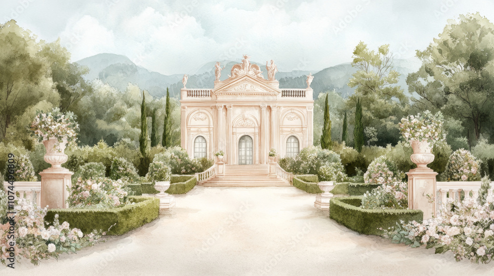 Fototapeta premium Elegant mansion with garden landscape and classical architecture surrounded by trees