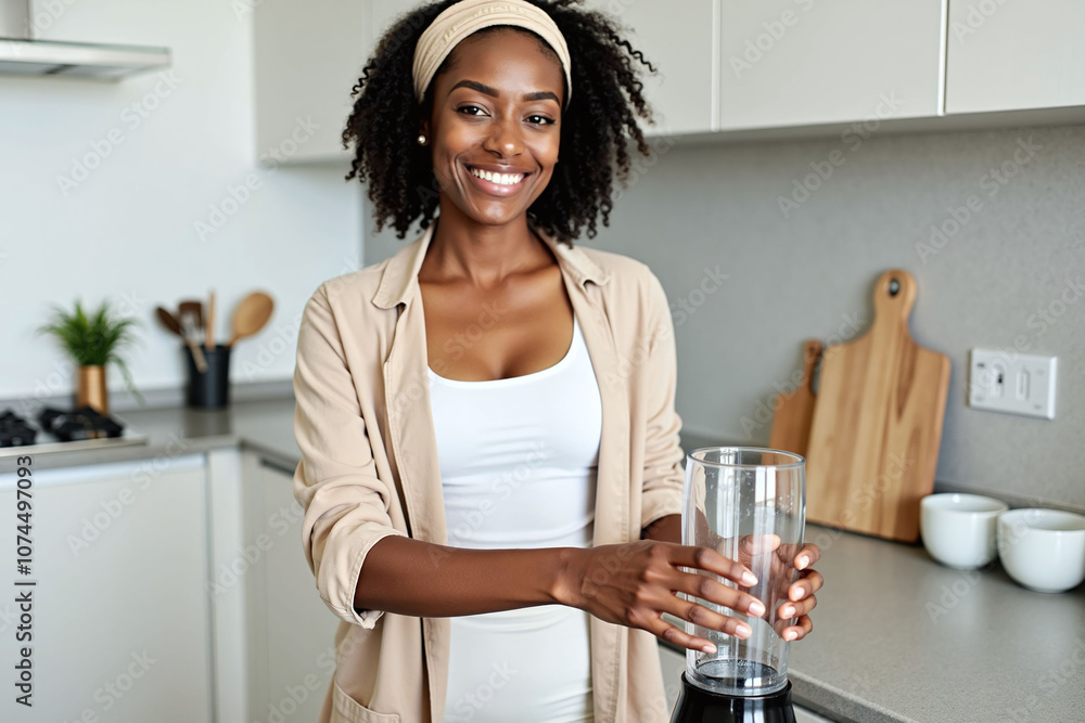 Woman in modern kitchen scene, woman-medium-dark-skin and blender-glass Woman in modern kitchen scene, woman-medium-dark-skin and blender-glass