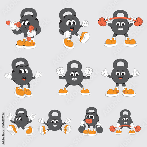 Retro kettlebell mascot character illustration