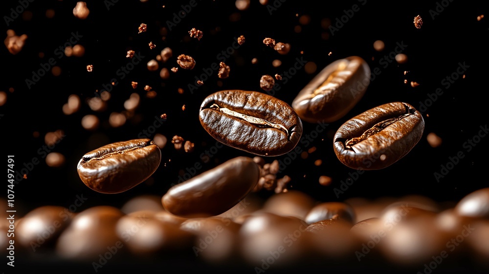 A collection of flying coffee beans captured in high detail against a dark background. A collection of flying coffee beans captured in high detail against a dark background.