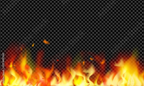 Fire background and flames effect. Flame border, bright burning blaze on a dark background. Bonfire fiery wall Glow. Campfire. The coal effect. Particle.