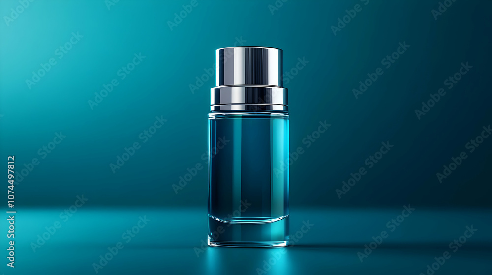 Naklejka premium Glass Bottle with Blue Liquid on Teal Background - 3D Illustration
