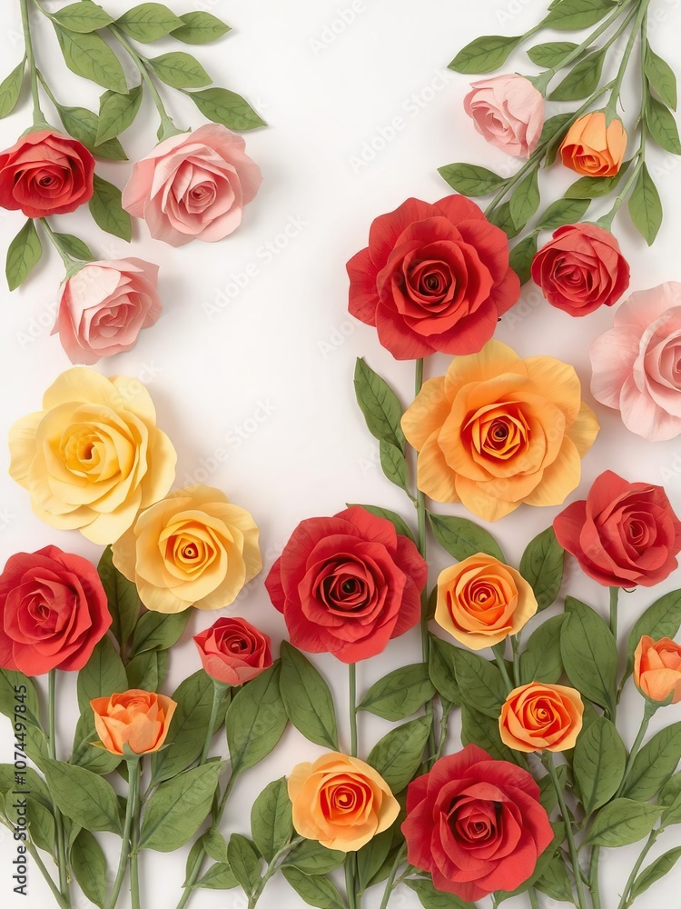 Backdrop of colorful paper roses in shades of pink, red, yellow, and orange with green leaves, background, flowers Backdrop of colorful paper roses in shades of pink, red, yellow, and orange with green leaves, background, flowers
