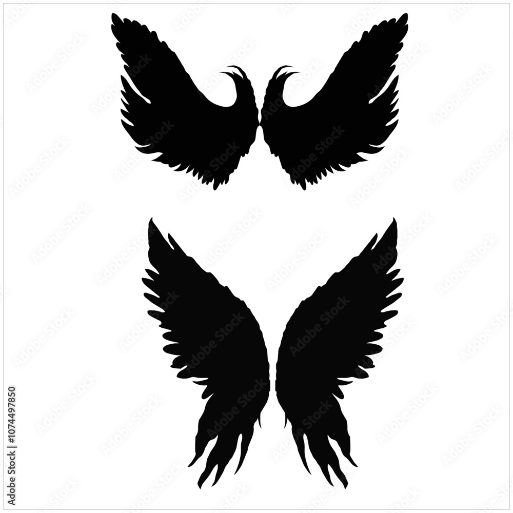 Obraz premium angel wings silhouette. angel wings tattoo design. vector angel wings isolated on white background. hand drawn angel or bird wings silhouettes. Cartoon Vector illustration. black pair of wing.